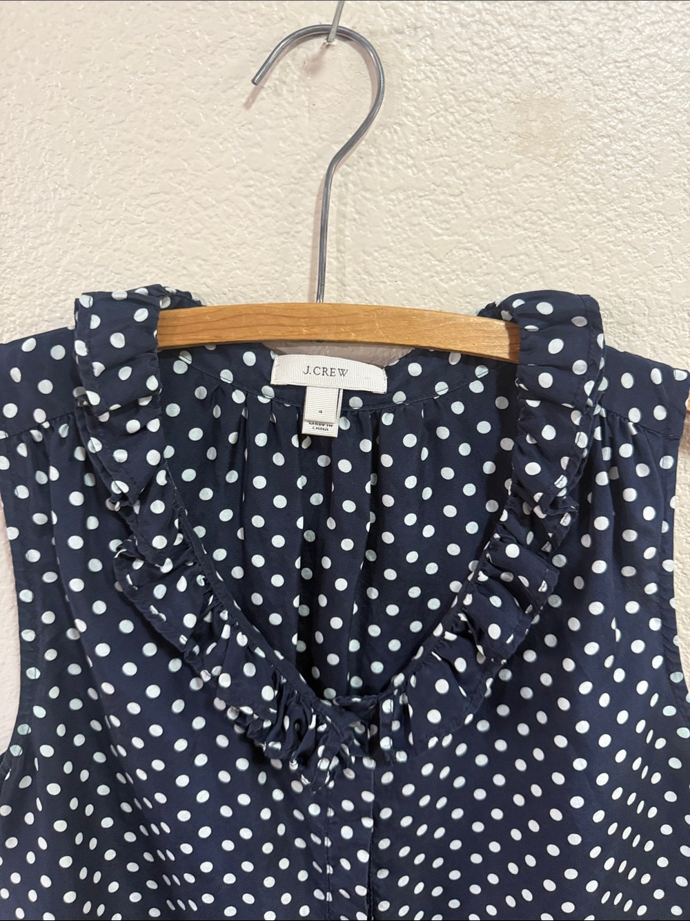 J. Crew 100% Silk Sleeveless Navy Polka Dot Ruffle Neck Top - Size 4
